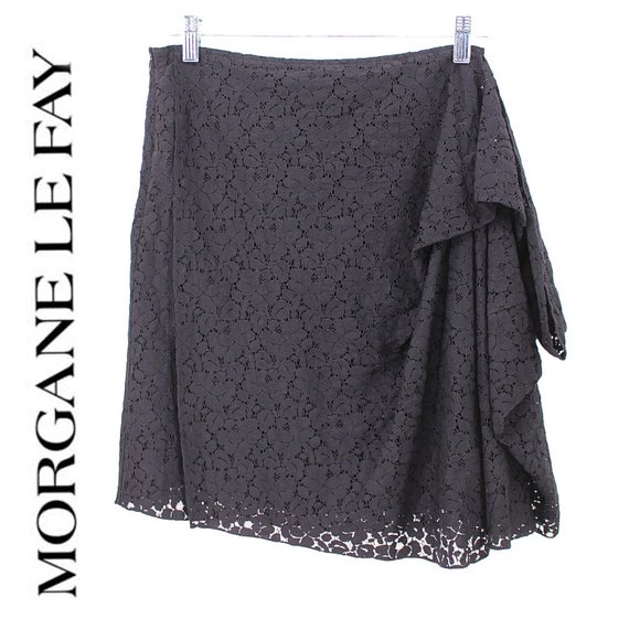 MORGANE LE FAY Black Cotton Lace Skirt Reversible Silk Lined Asymmetrical SZ M - Picture 1 of 12